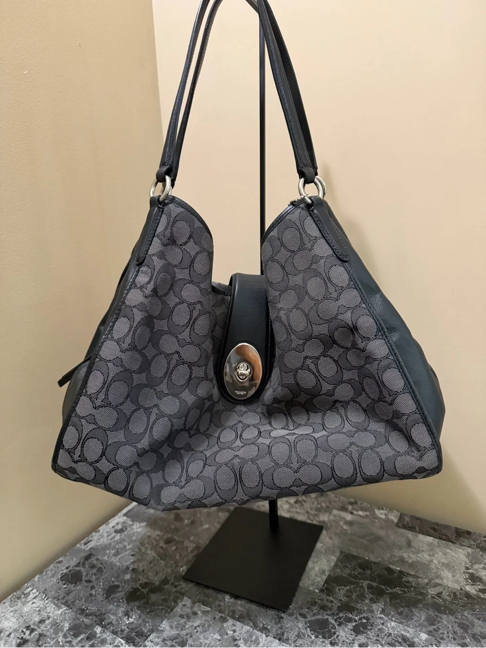 Coach Carlyle shoulder leather monogram canvas turn lock bag